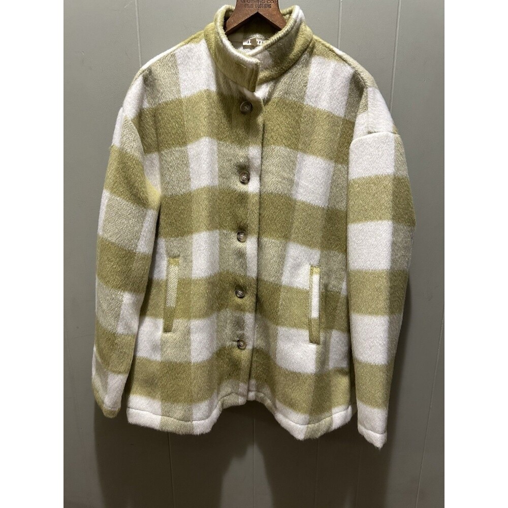 Jodifl Woven Flannel Shacket Women’s Sz L Olive Green & White Fuzzy Boho EUC
